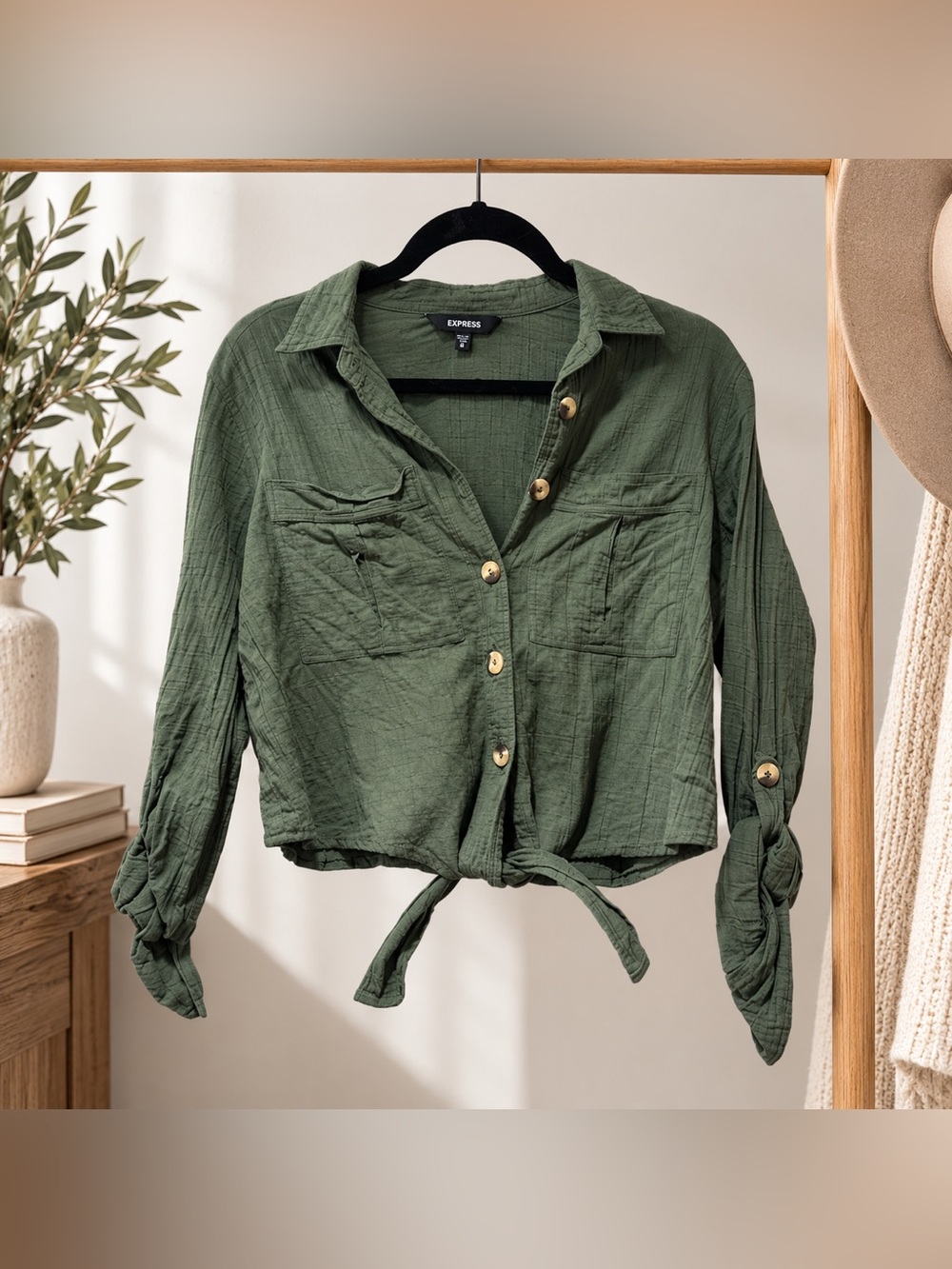 Express Crop Top Tie Blouse Green Size Medium